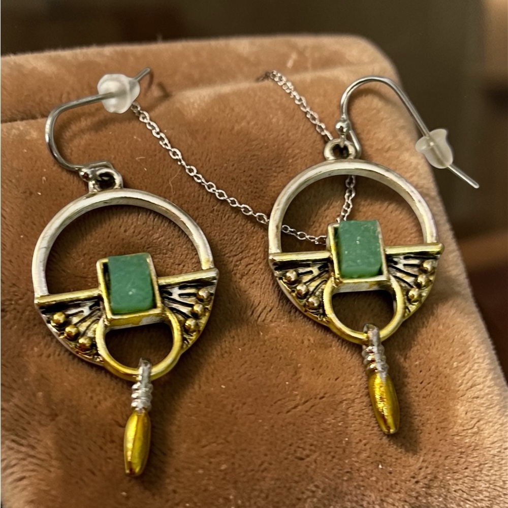 Green Stone Two-Tone Drop Hoop Earrings